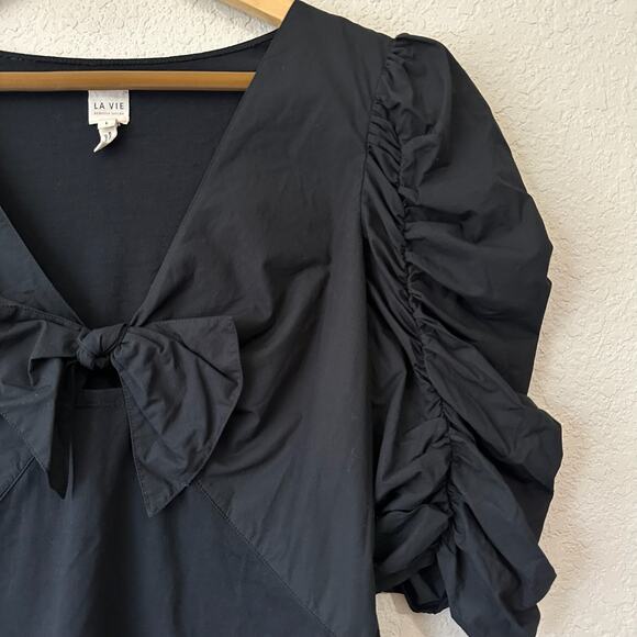 LA VIE REBECCA TAYLOR Poplin Blouse Black Ruched Sleeve V-Neck Bow - Picture 7 of 12